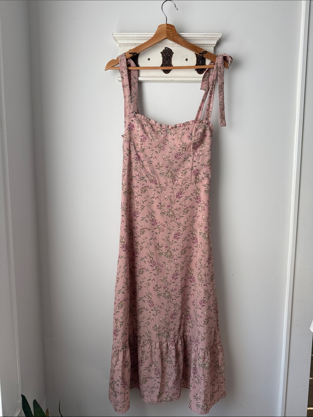 Women’s Pink Floral Tie-Shoulder Midi Dress Summer Feminine Flowly Casual - Picture 2 of 9